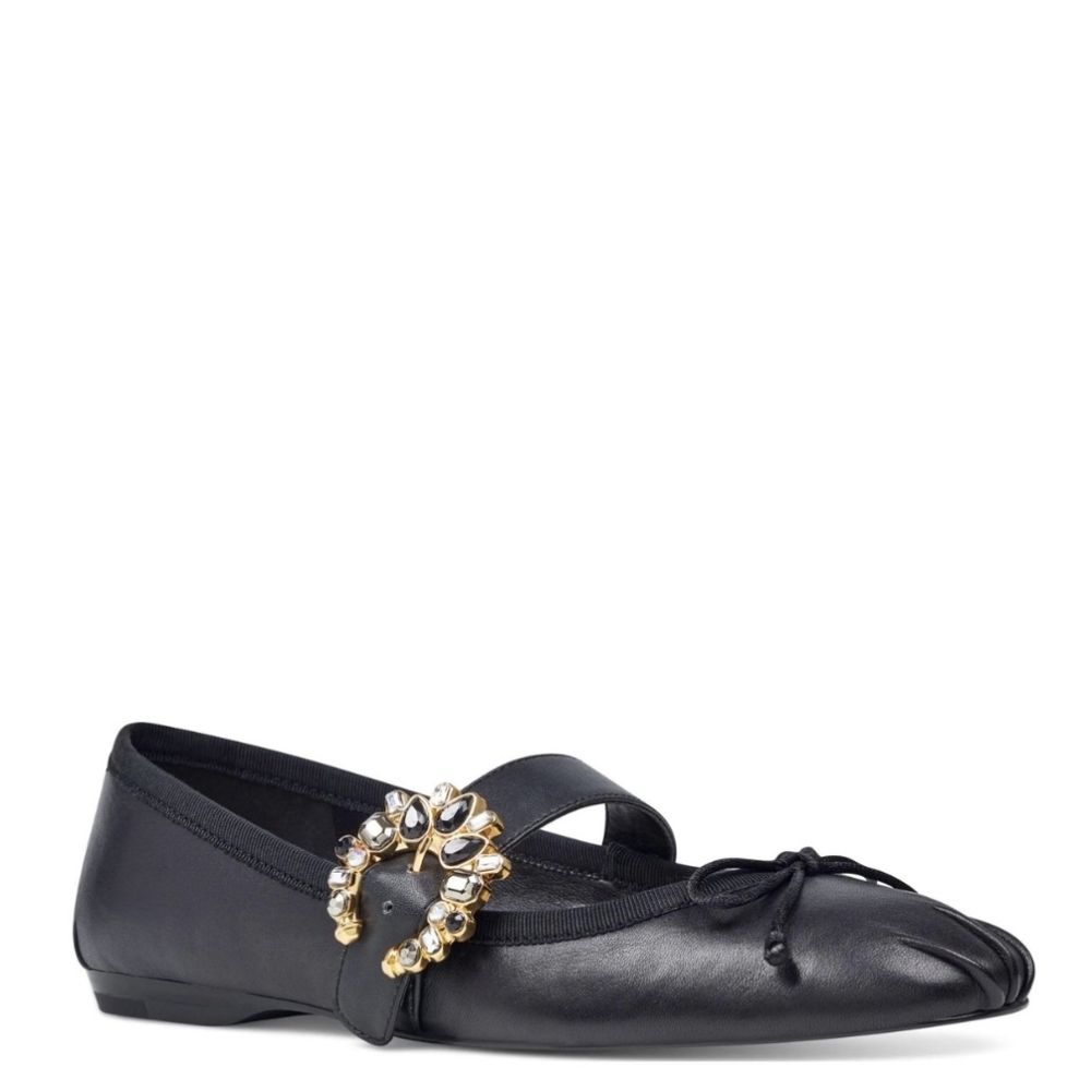 Leather Mary Janes with Jeweled Buckle Black 6.5